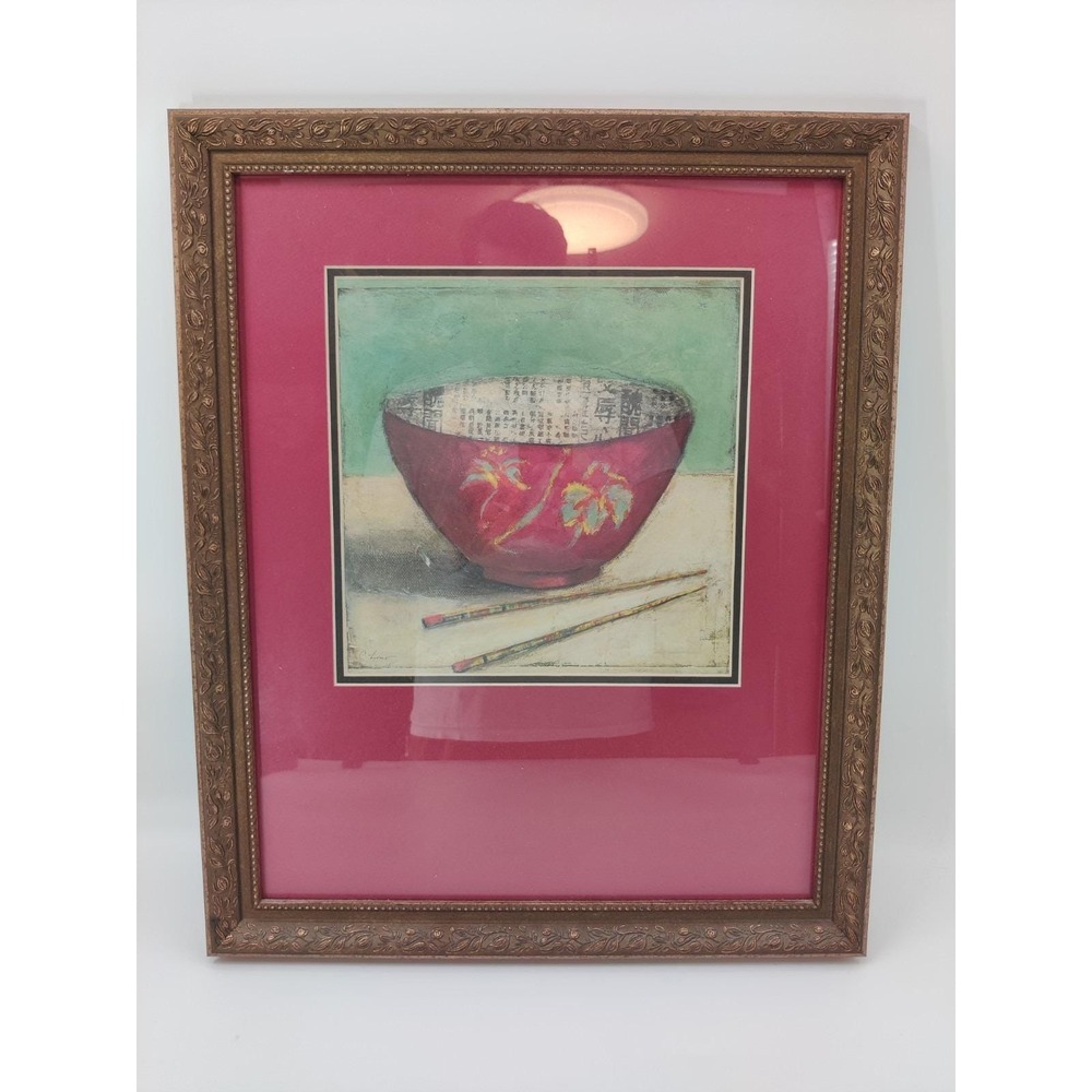 Still Life Red Rice Bowl w/ Chopsticks Painting Framed Art Signed C Lerner 22x18